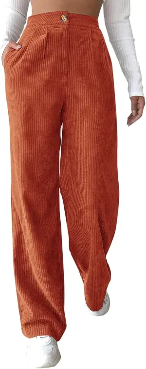 sdbrld Corduroy Pants for Women Vintage High Waisted Straight Wide Leg Pants Fall Winter Work Lounge Trousers with Pockets