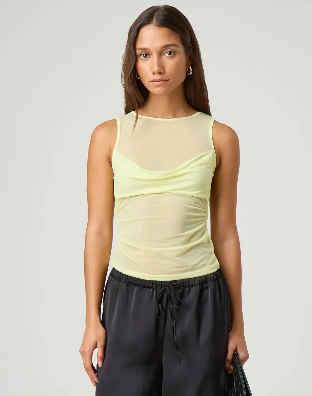 Sexy Pleated Ruched Crop Tank Tops for Women Mock Neck Sleeveless Mesh See Through Double Linery Tank Tops