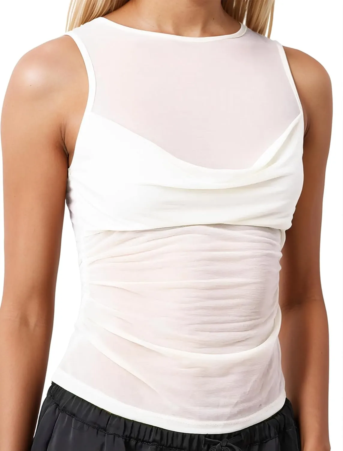Sexy Pleated Ruched Crop Tank Tops for Women Mock Neck Sleeveless Mesh See Through Double Linery Tank Tops