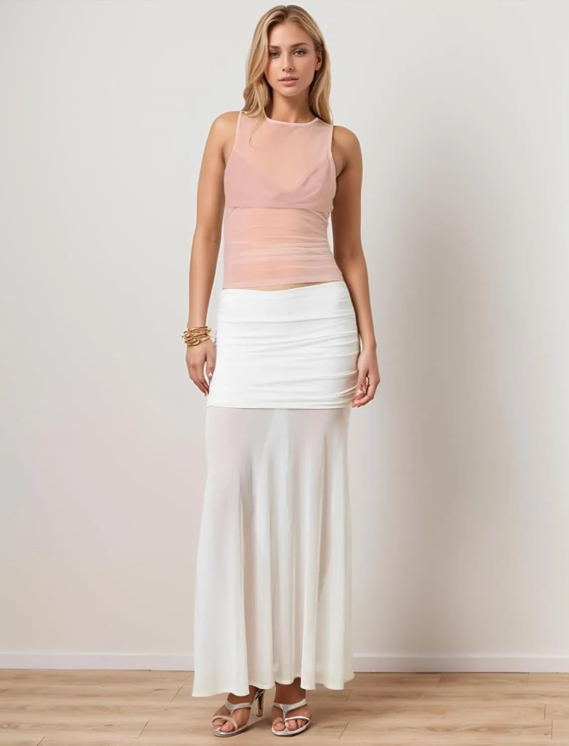 Sexy Pleated Ruched Crop Tank Tops for Women Mock Neck Sleeveless Mesh See Through Double Linery Tank Tops