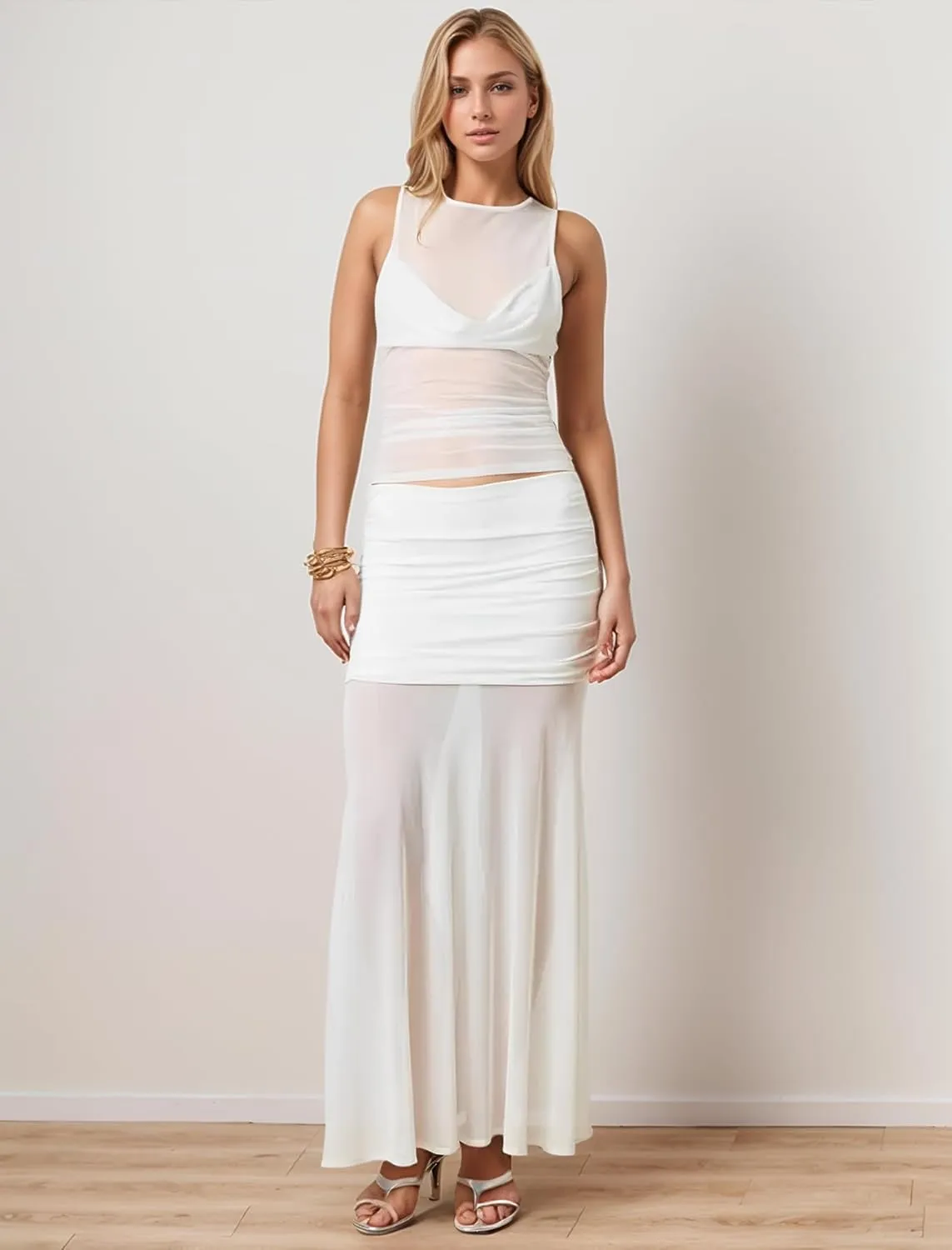 Sexy Pleated Ruched Crop Tank Tops for Women Mock Neck Sleeveless Mesh See Through Double Linery Tank Tops