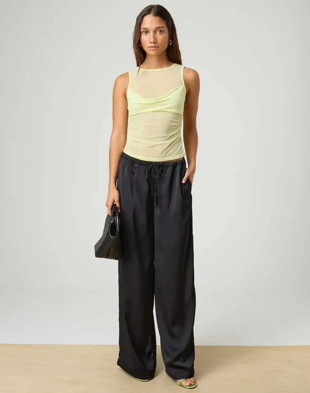 Sexy Pleated Ruched Crop Tank Tops for Women Mock Neck Sleeveless Mesh See Through Double Linery Tank Tops