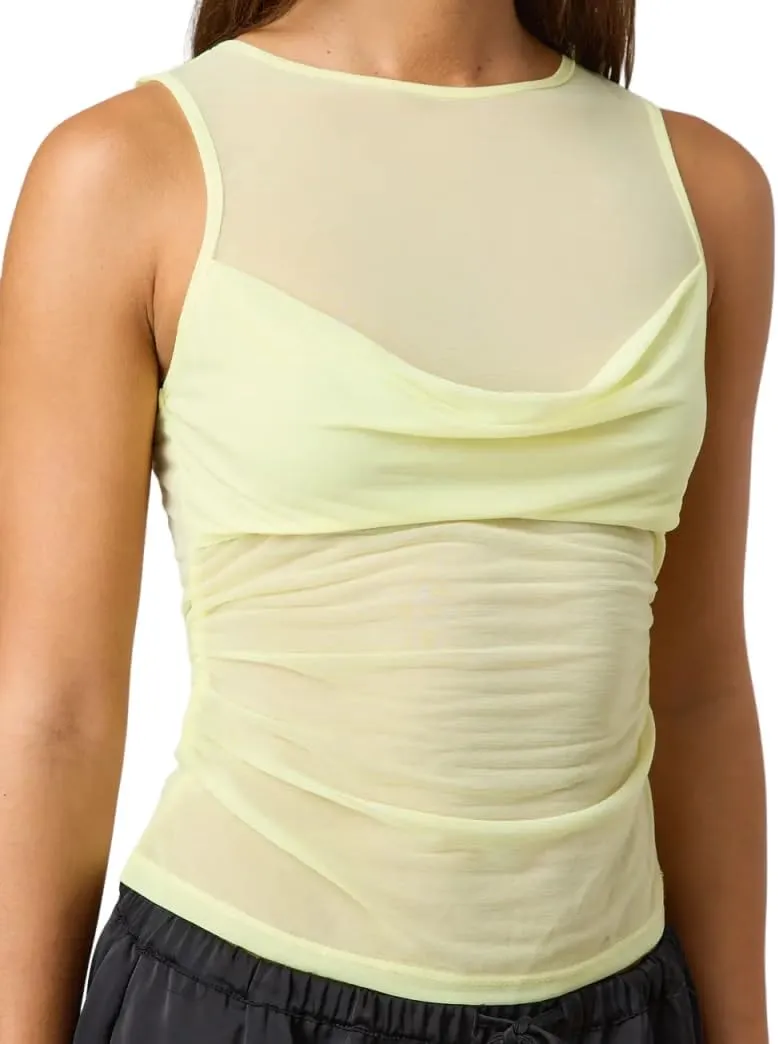 Sexy Pleated Ruched Crop Tank Tops for Women Mock Neck Sleeveless Mesh See Through Double Linery Tank Tops