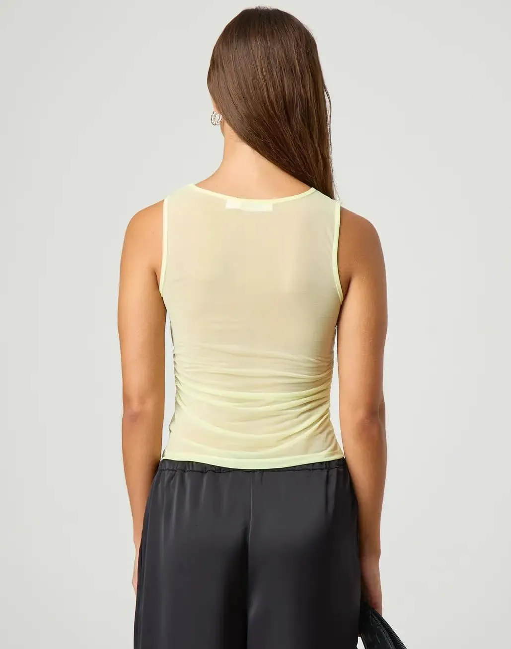 Sexy Pleated Ruched Crop Tank Tops for Women Mock Neck Sleeveless Mesh See Through Double Linery Tank Tops