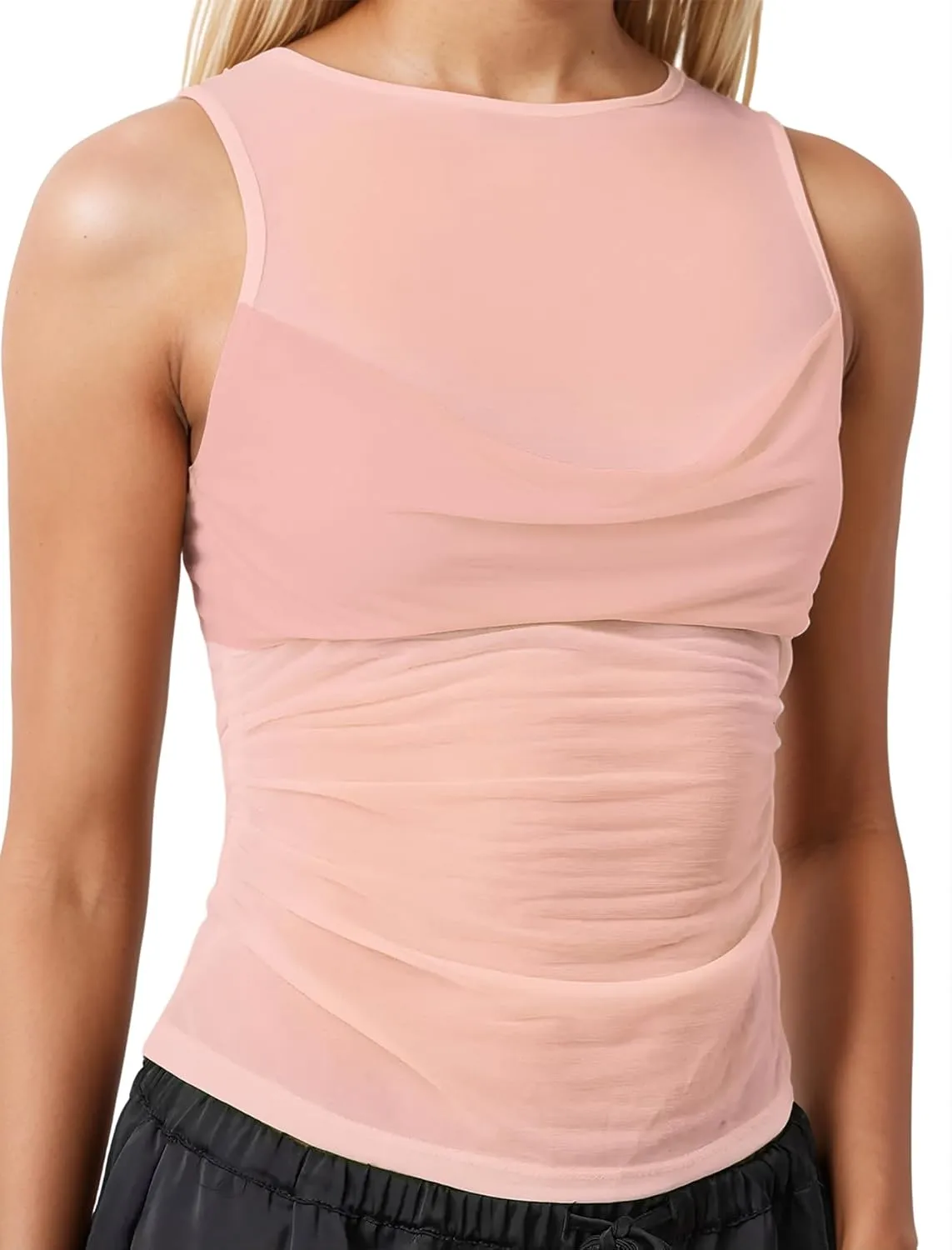 Sexy Pleated Ruched Crop Tank Tops for Women Mock Neck Sleeveless Mesh See Through Double Linery Tank Tops