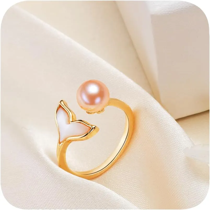 Shell Pearl 14K Gold Plated Ring for Women Adjustable Expandable Round Ball Wedding Statement Finger Rings Comfort Fit Simple Elegant Engagement Promise Birthday Jewelry GiftPink