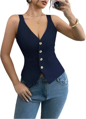 SHENHE Women's Button Up V Neck Vest Casual Business Waistcoat Blazer Vests Tank Top