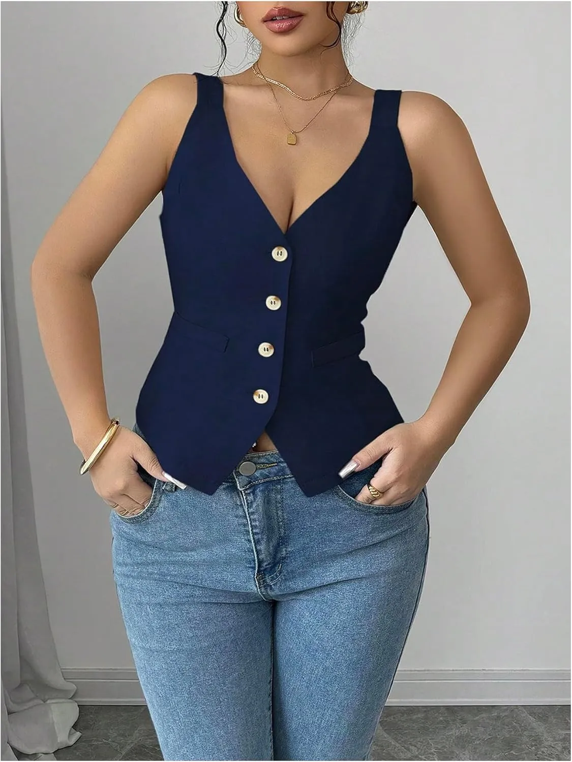 SHENHE Women's Button Up V Neck Vest Casual Business Waistcoat Blazer Vests Tank Top