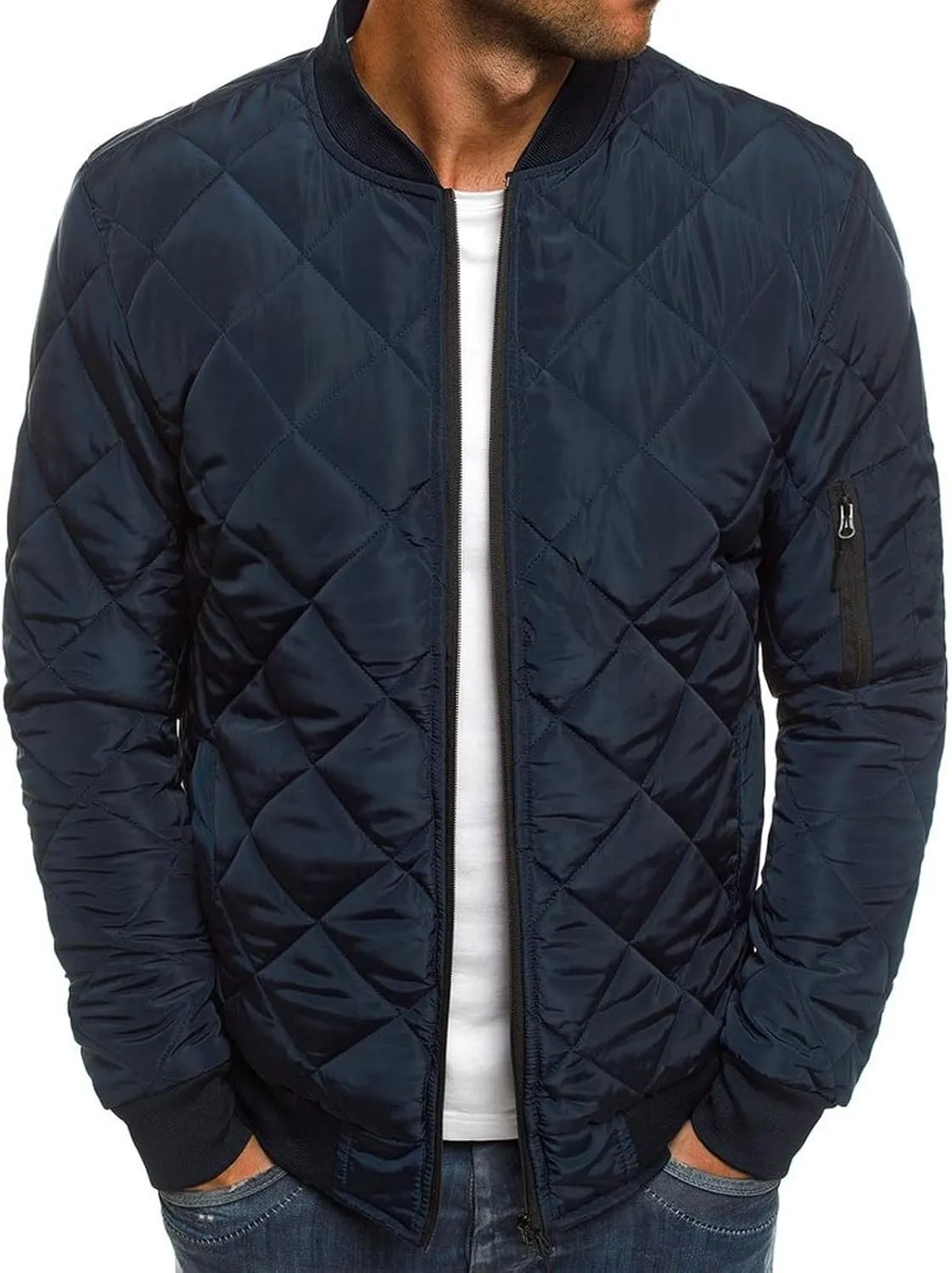 SHOPESSA Men's Winter Coat Casual Mock Neck Zip Up Down Jacket Padded Bomber Jacket Men Relaxed Fit Diamond Quilted Jackets