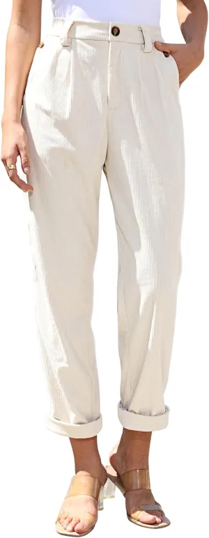 siliteelon Corduroy Pants for Women Cotton Straight High Waist Vintage Trousers with Pockets
