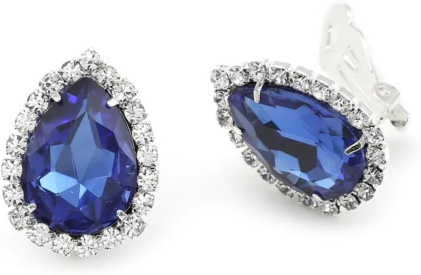 Silver Crystal Rhinestone Teardrop Wrap Clip Earrings with Pear Shaped Sapphire Rhinestone