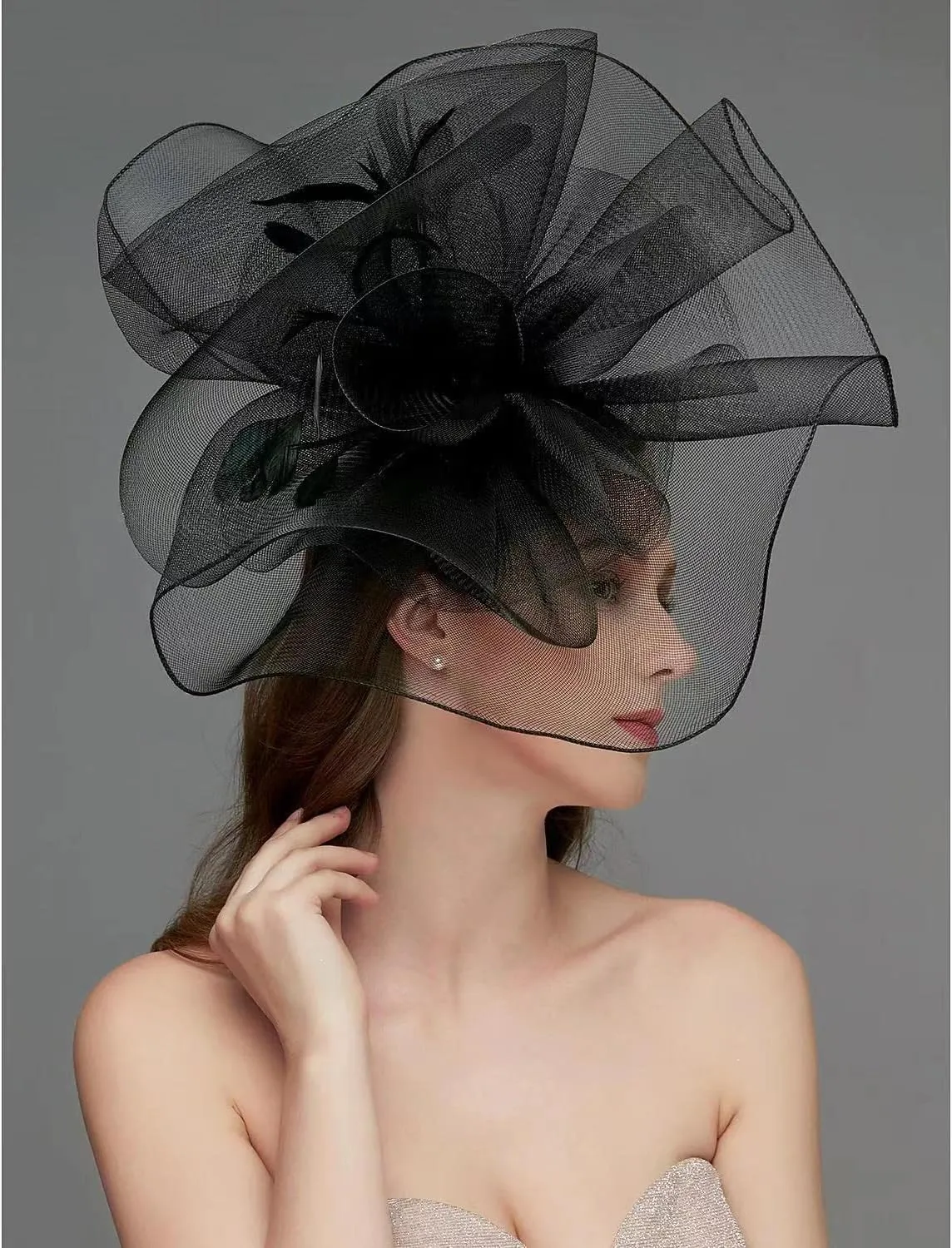 Sinamay Fascinator Hat Floral Feather Pillbox Derby Hats for Women Wedding Tea Party with Headband Clip