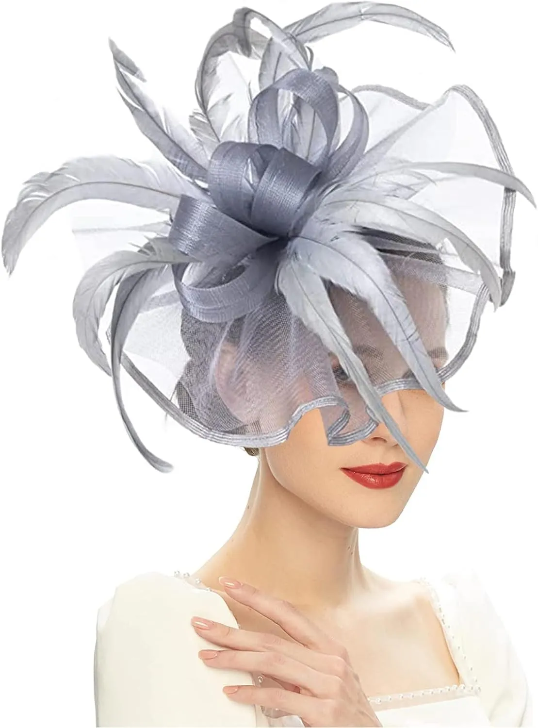 Sinamay Fascinator Hat Floral Feather Pillbox Derby Hats for Women Wedding Tea Party with Headband Clip