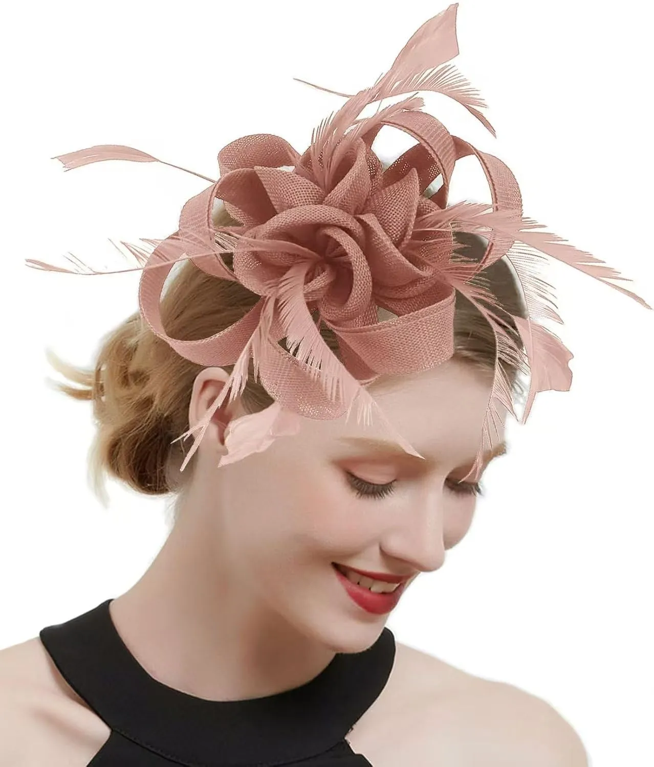 Sinamay Fascinator Hat Floral Feather Pillbox Derby Hats for Women Wedding Tea Party with Headband Clip