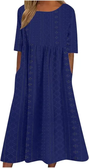 Sinzelimin Women Midi Dress Fashion Hollow Breathable Short Sleeves O-Neck Eyelet Mid-Calf Dress Summer Beach Casual Sundress