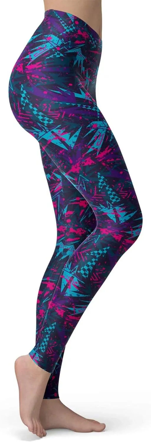 sissycos Women's 80s Leggings Neon Artistic Splash Printed Buttery Soft Stretchy Pants