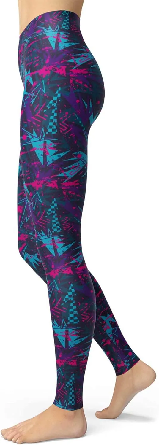 sissycos Women's 80s Leggings Neon Artistic Splash Printed Buttery Soft Stretchy Pants