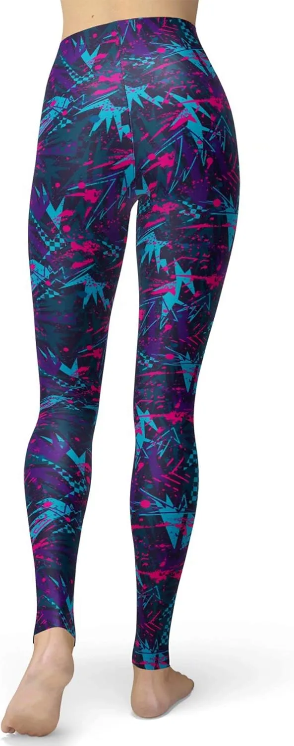 sissycos Women's 80s Leggings Neon Artistic Splash Printed Buttery Soft Stretchy Pants