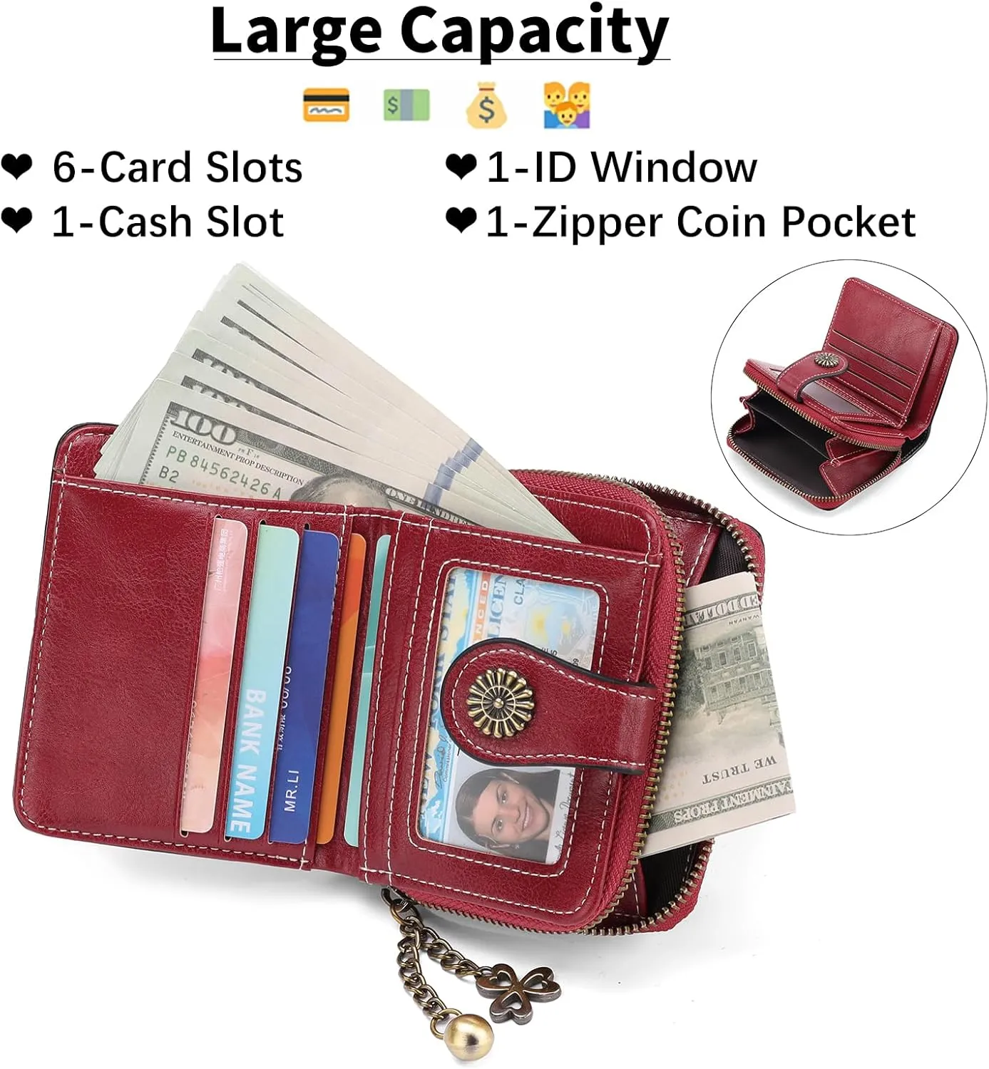 Small Wallet for Women Leather Bifold Compact RFID Blocking with Zipper Coin Pocket