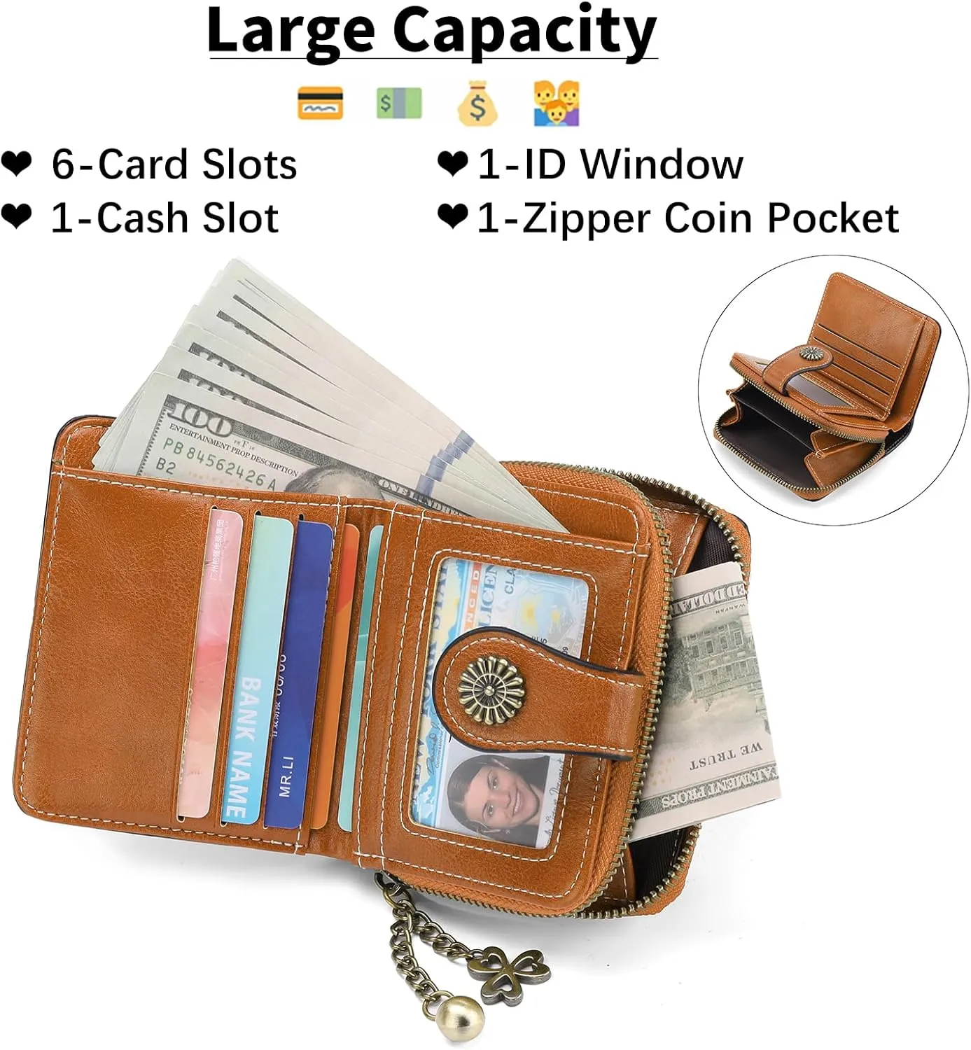 Small Wallet for Women Leather Bifold Compact RFID Blocking with Zipper Coin Pocket