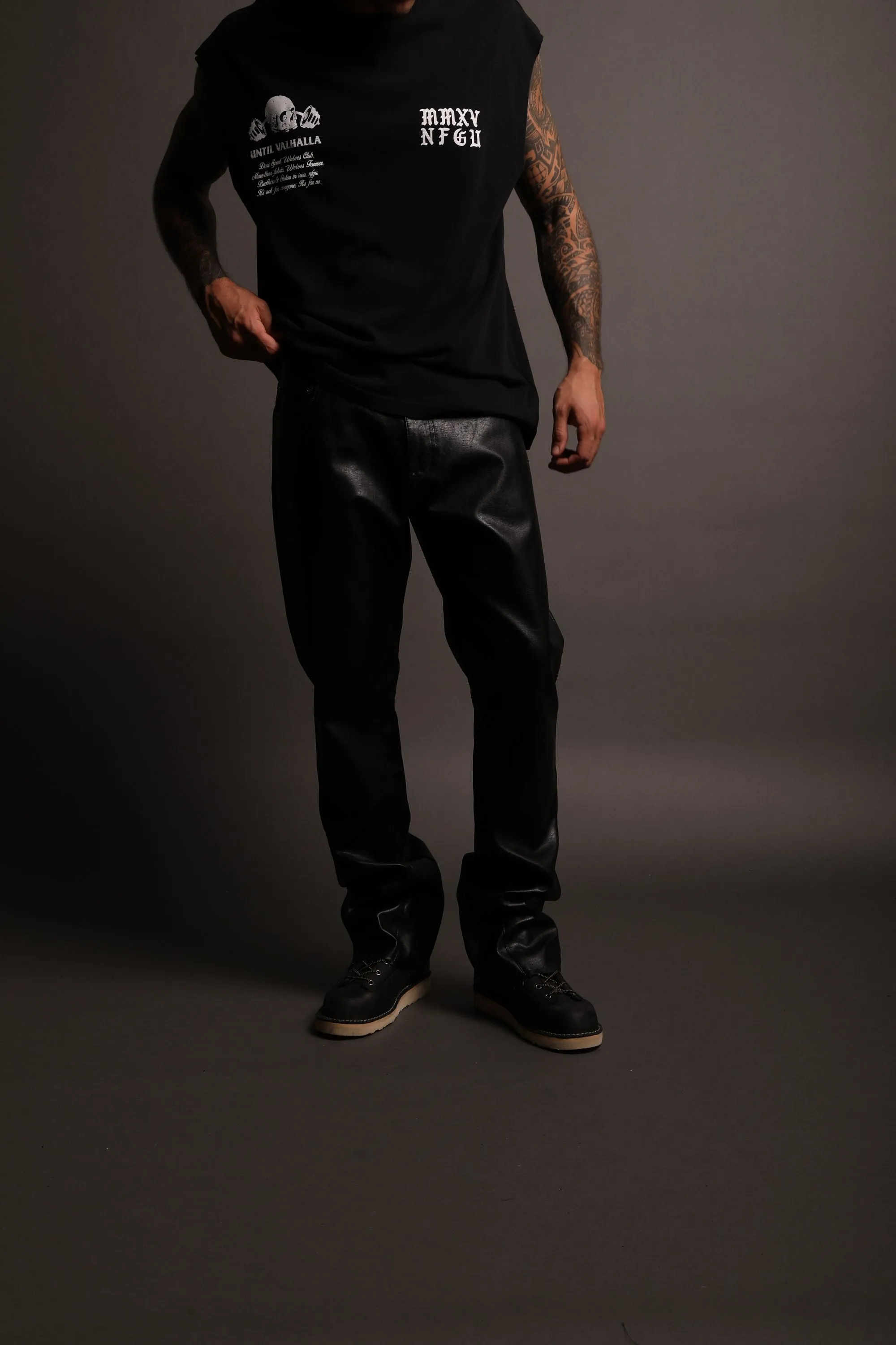 Smoke Faux Leather Flare Pants in Black