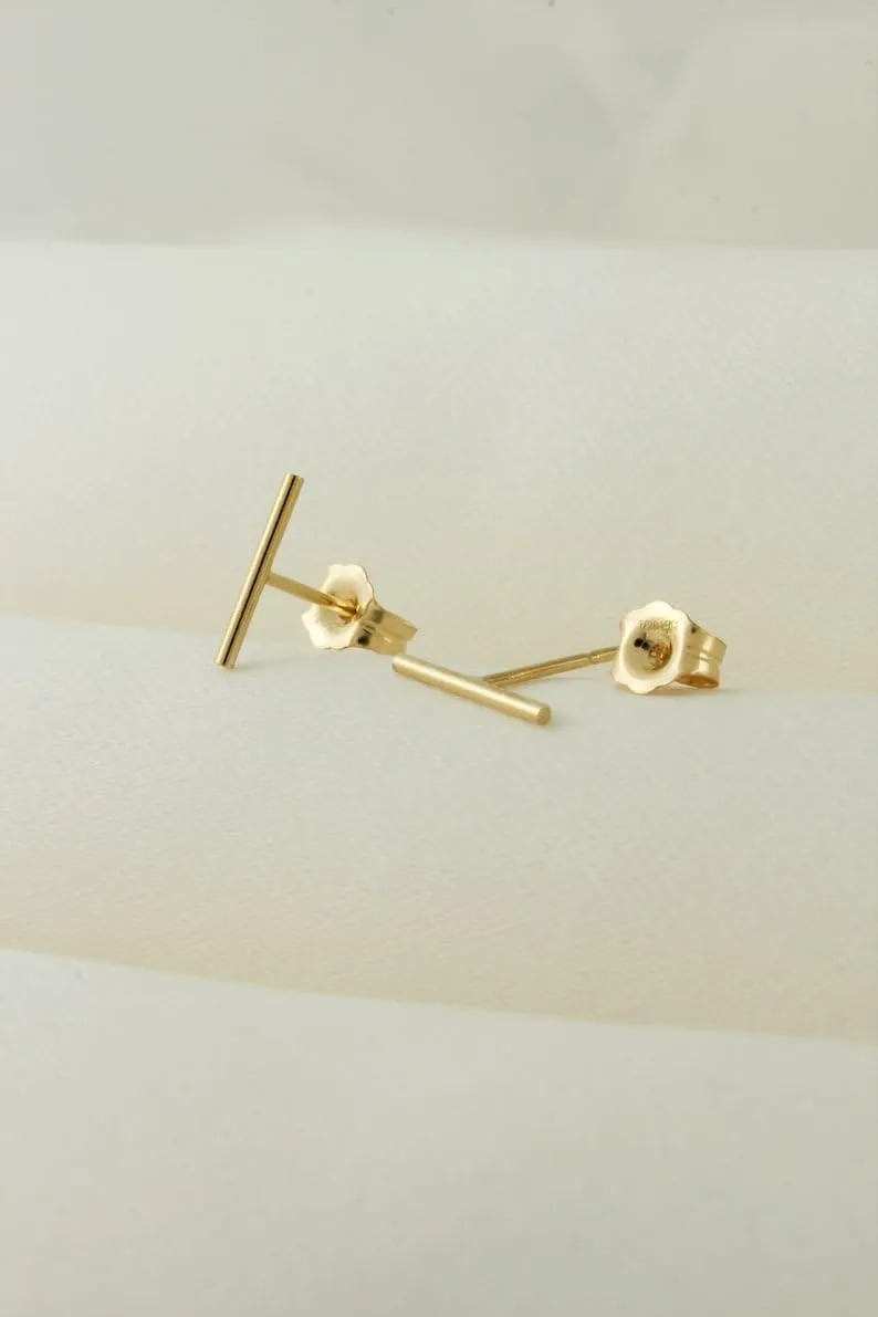 Solid Silver Dainty Bar Stud, Tiny Bar Stud Earring, Minimalist Bar Earring, T Stud, Geometric Studs, Bar Line Stud Women Gift Beautiful Stud (YELLOW GOLD PLATING)