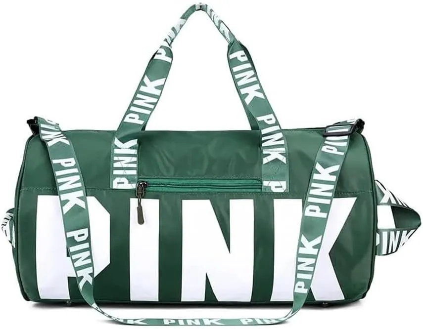 Sports Gym Bag Large Capacity Travel Duffel Bag Sport Shoes Bag with Wet Pocket Compartment for Men and Women Lightweight Multiple Colors PINK Logo (GREEN)
