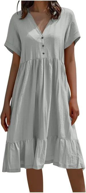 Spring Summer Beachwear Dresses for Women Fashion 2025 Comfy Soft Solid Color Short Sleeve V-Neck Vacation Dress