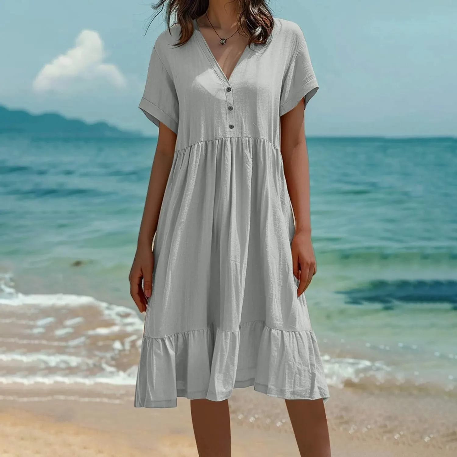 Spring Summer Beachwear Dresses for Women Fashion 2025 Comfy Soft Solid Color Short Sleeve V-Neck Vacation Dress