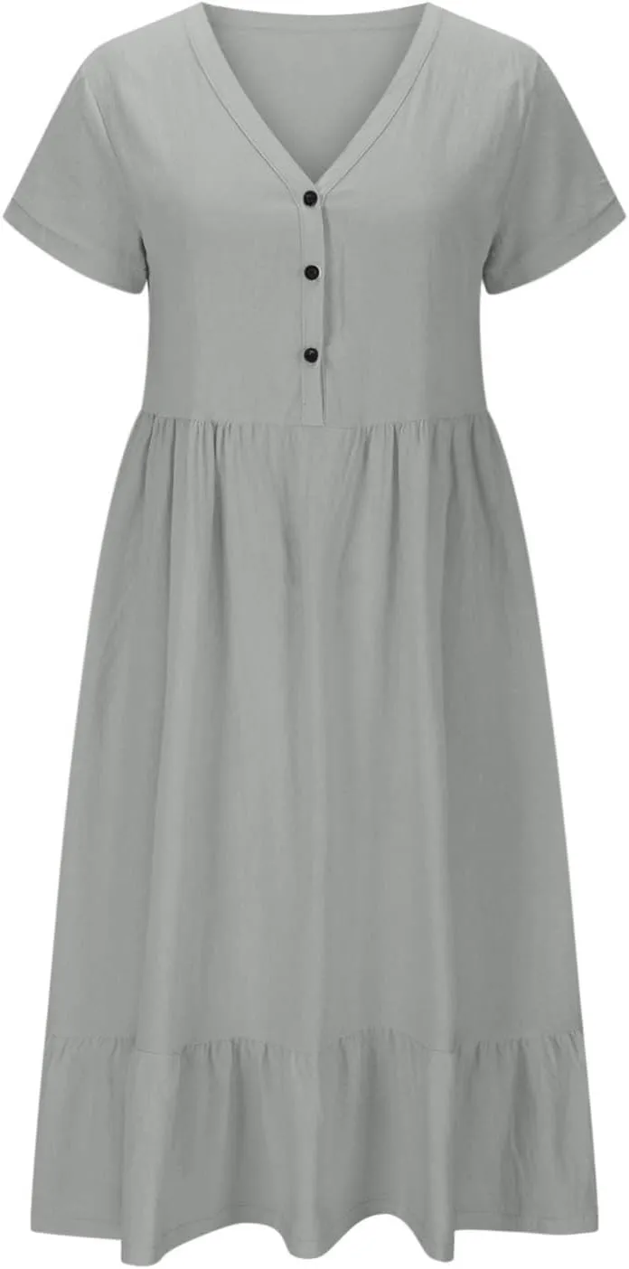 Spring Summer Beachwear Dresses for Women Fashion 2025 Comfy Soft Solid Color Short Sleeve V-Neck Vacation Dress