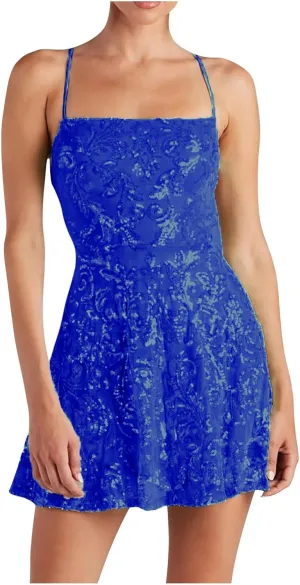 Spring Summer New Dresses for Women Sparkly Spaghetti Strap Padded Casual Dress Slim Pleated Mini Dress