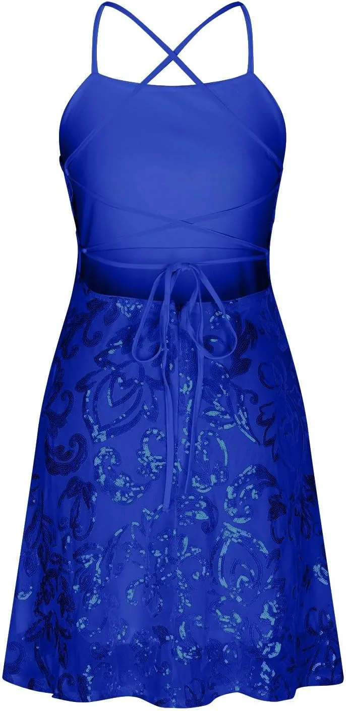 Spring Summer New Dresses for Women Sparkly Spaghetti Strap Padded Casual Dress Slim Pleated Mini Dress