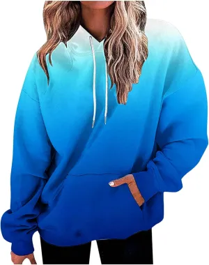 Stessotudo Oversized Hoodies for Women Casual Gradient Pullover Sweatshirts with Pocket Long Sleeve Trendy Y2K Hooded Tops