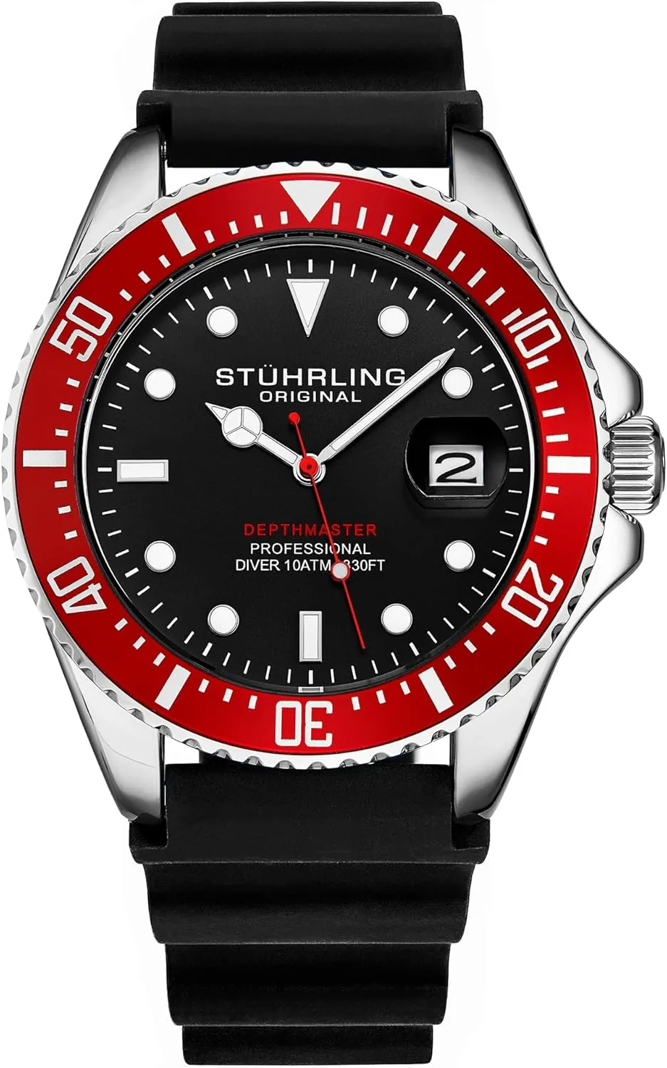 Stuhrling Original Men's Watch Dive Watch Silver 42 MM Case with Screw Down Crown Rubber Strap Water Resistant to 330 FT