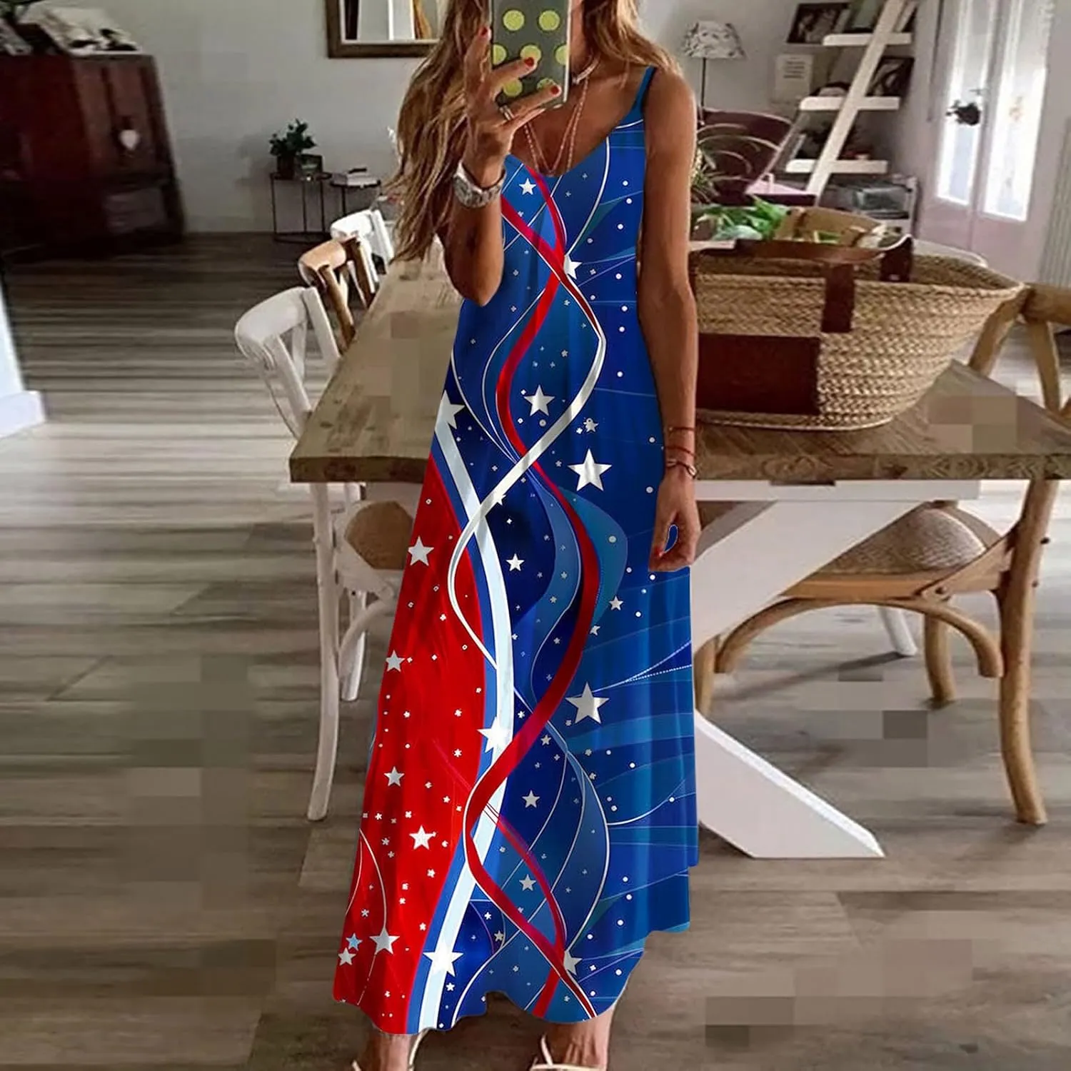 Summer Dress for Women Fashion Floral Printed Strap V-Neck Casual Dresses Flowy Pleated Beach Vacation Dress
