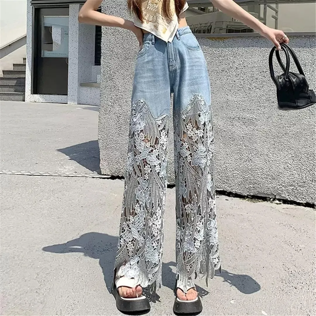 Summer Loose and Versatile Hollow Out Lace Stitching Denim Pants Women High Waist Wide Leg Pants Casual Trousers