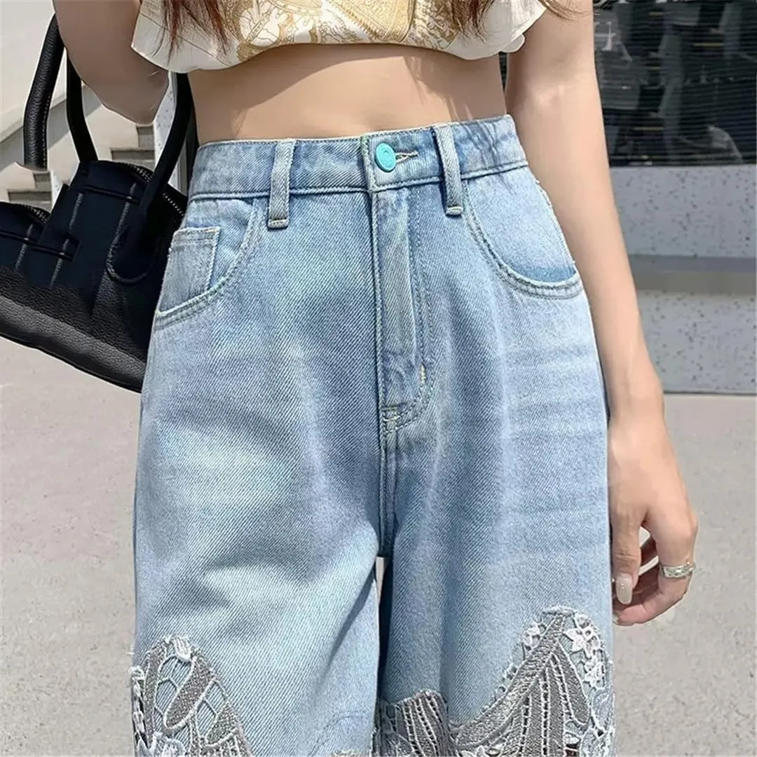 Summer Loose and Versatile Hollow Out Lace Stitching Denim Pants Women High Waist Wide Leg Pants Casual Trousers