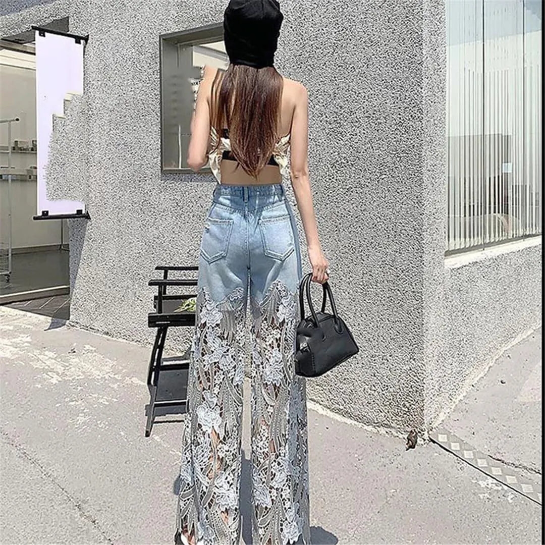 Summer Loose and Versatile Hollow Out Lace Stitching Denim Pants Women High Waist Wide Leg Pants Casual Trousers
