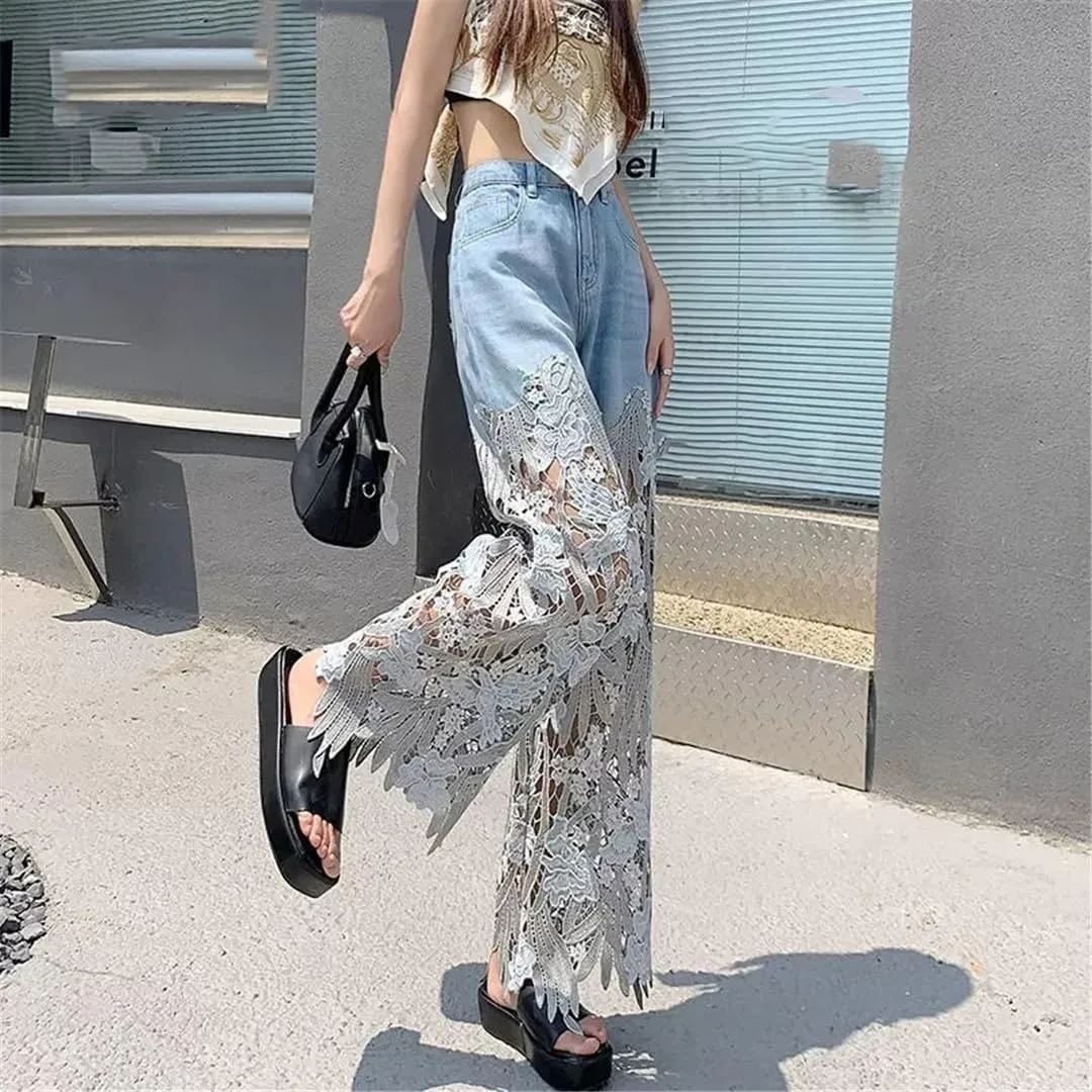 Summer Loose and Versatile Hollow Out Lace Stitching Denim Pants Women High Waist Wide Leg Pants Casual Trousers
