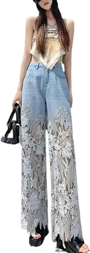 Summer Loose and Versatile Hollow Out Lace Stitching Denim Pants Women High Waist Wide Leg Pants Casual Trousers