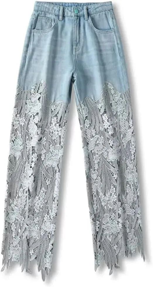 Summer Loose and Versatile Hollow Out Lace Stitching Denim Pants Women High Waist Wide Leg Pants Casual Trousers