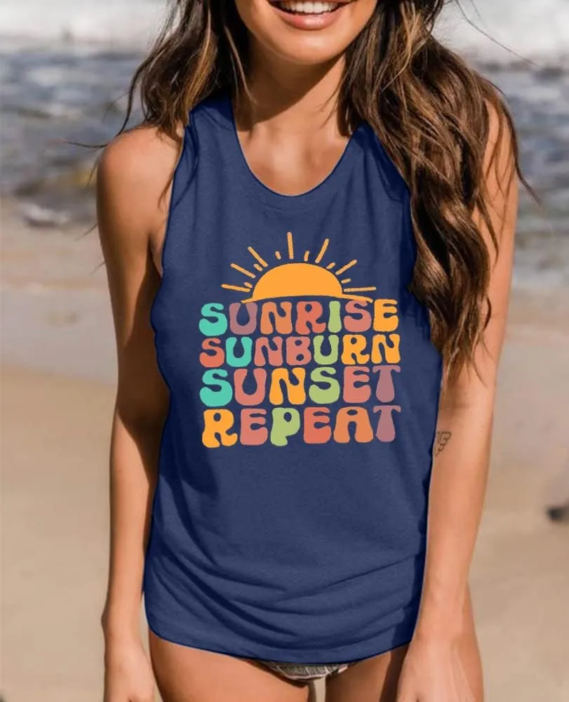 Sunrise Sunburn Sunset Repeat Tank Top for Women Summer Beach Sleeveless T Shirt Casual Graphic Vacation Tops