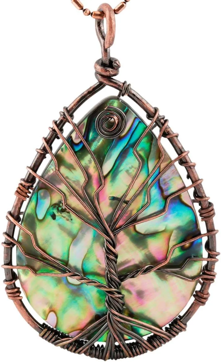 SUNYIK Teardrop Rainbow Abalone Shell Stone Pendant Necklace