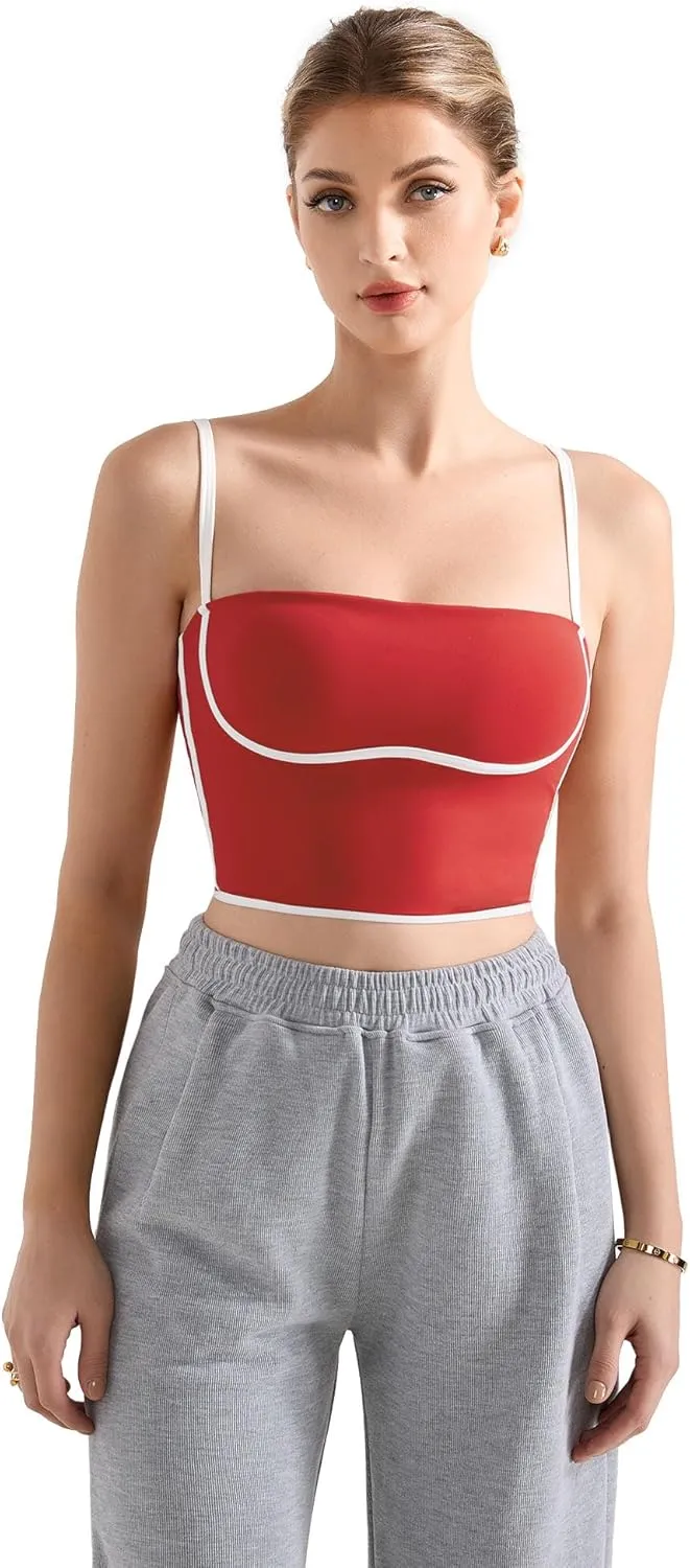 SUUKSESS Women Square Neck Longline Sports Bra Padded Basic Workout Cami Tank Top