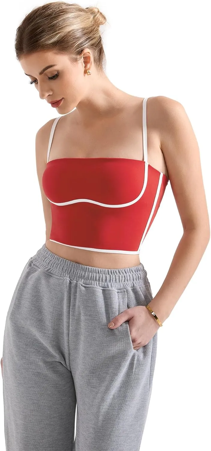 SUUKSESS Women Square Neck Longline Sports Bra Padded Basic Workout Cami Tank Top