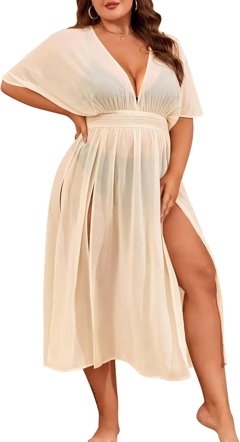 SWOMOG Women Plus Size Swimsuit Cover Up Bikini Bathing Suit Sexy Deep V Neck Swim Beach Dresses Summer Beachwear