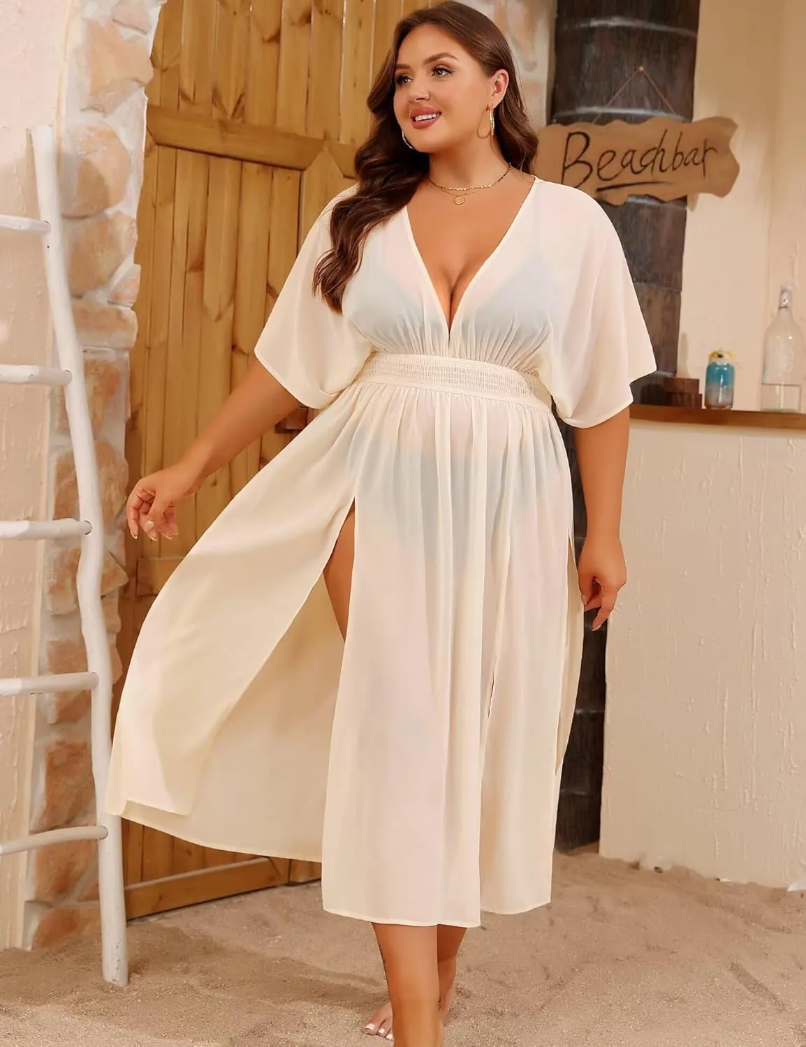 SWOMOG Women Plus Size Swimsuit Cover Up Bikini Bathing Suit Sexy Deep V Neck Swim Beach Dresses Summer Beachwear