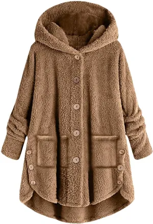 TANGNADE Dressy Winter Jackets for Women 2024 Trendy Plus Size Button Plush Hooded Loose Cardigan Wool Coat Winter Jacket