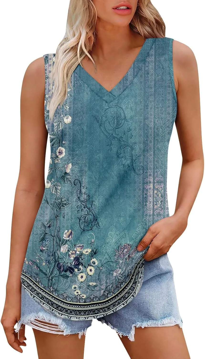 Tank Tops for Women 2025 Loose Fit V Neck Dressy Casual Tops Sleeveless Floral Print Shirts Summer Trendy Tank Tops