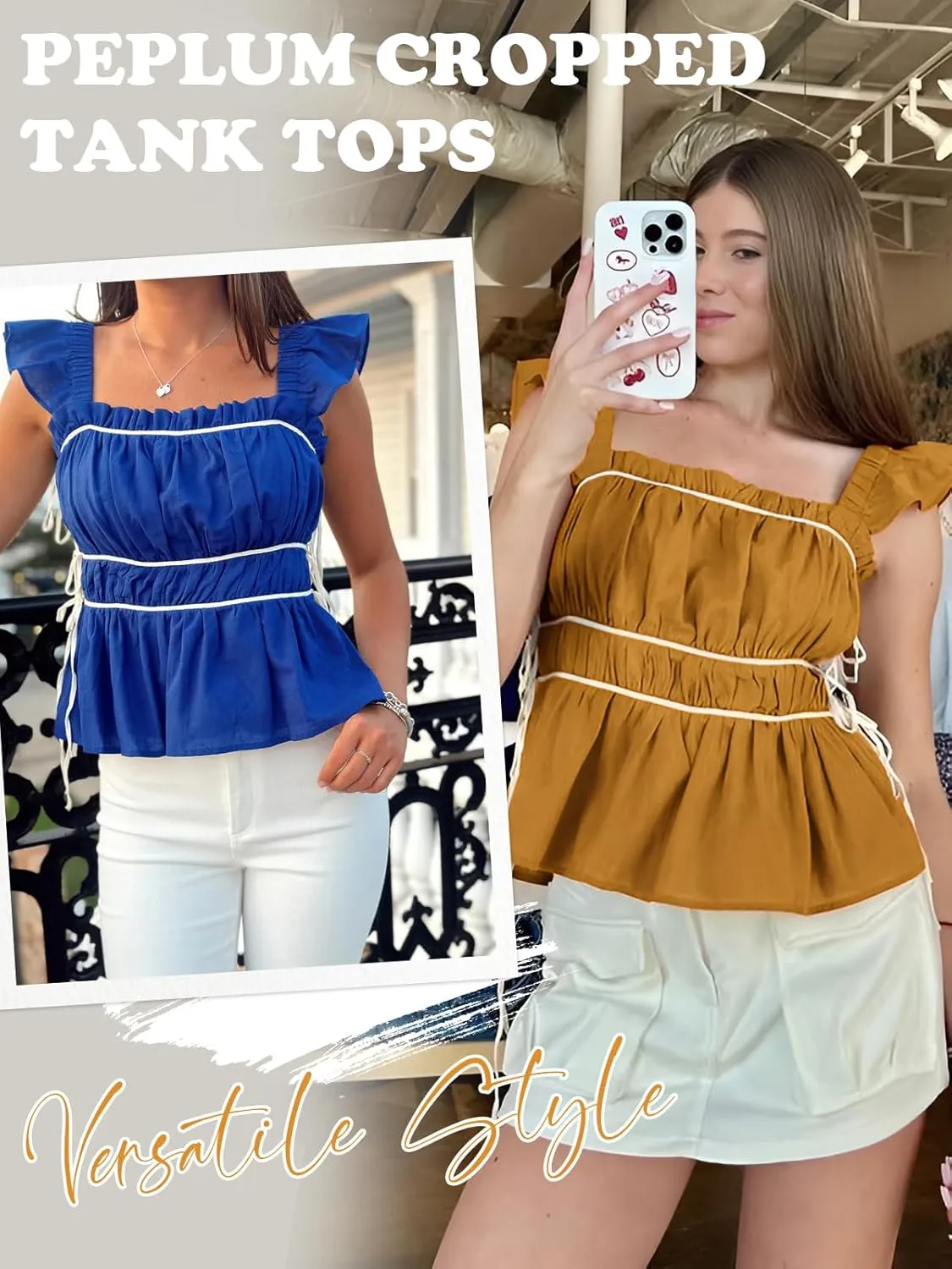 Tankaneo Womens Ruffle Sleeve Tank Tops Pleated Peplum Square Neck Crop Tops Flowy Side Tie Backless Cami Shirts